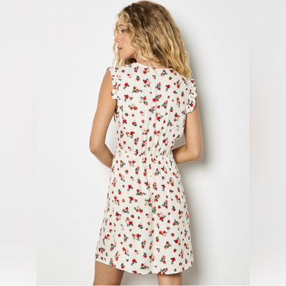 APRICOT Cream Floral Tie-Shoulder Dress with Red & Green Print
