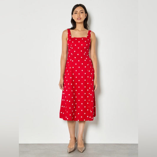 APRICOT Red Polka Dot Square-Neck Midi Dress