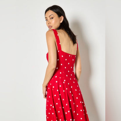 APRICOT Red Polka Dot Square-Neck Midi Dress