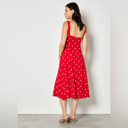 APRICOT Red Polka Dot Square-Neck Midi Dress