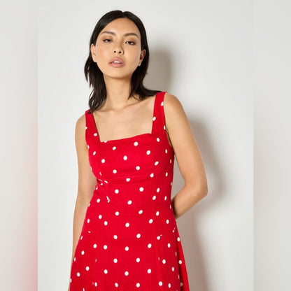 APRICOT Red Polka Dot Square-Neck Midi Dress