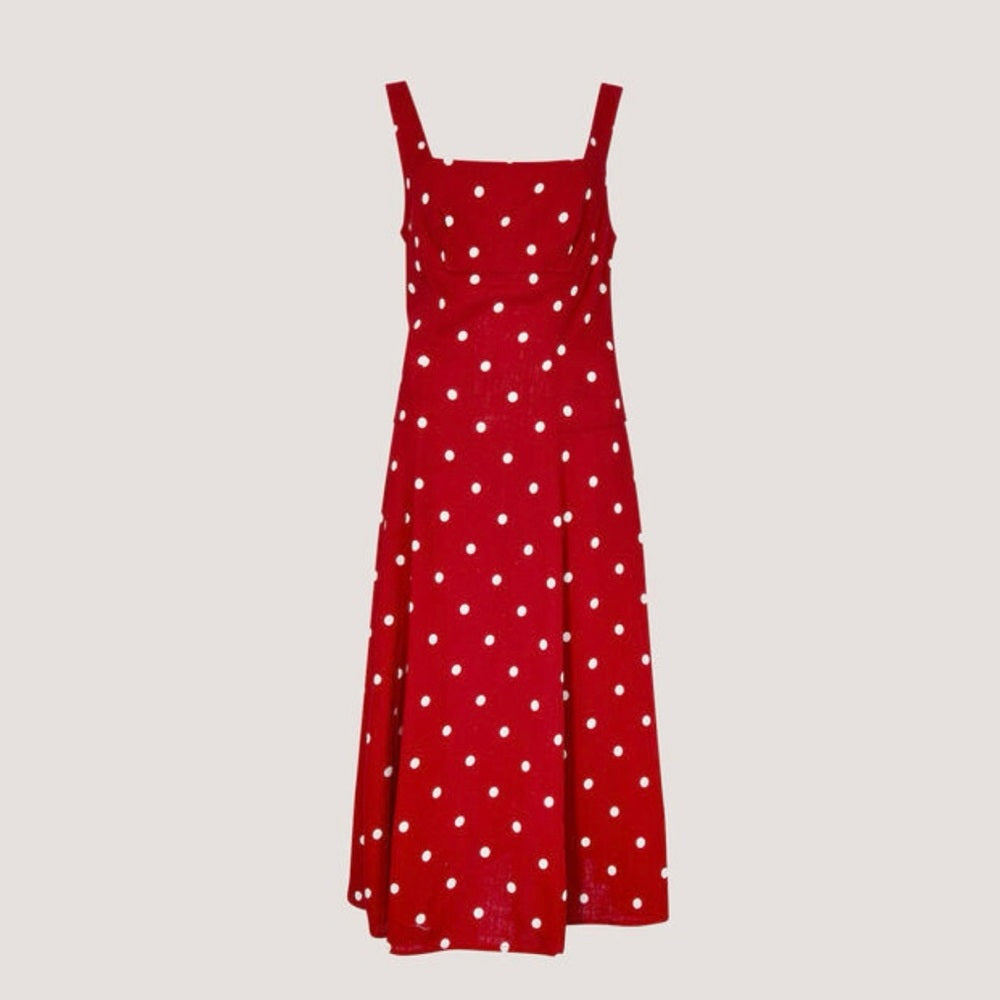 APRICOT Red Polka Dot Square-Neck Midi Dress