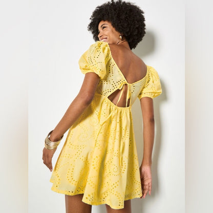 Apricot 🍑 -  Yellow Eyelet Puff-Sleeve Mini Dress