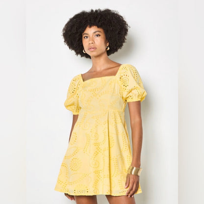 Apricot 🍑 -  Yellow Eyelet Puff-Sleeve Mini Dress