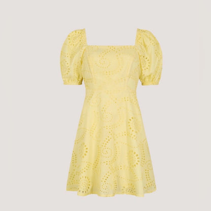 Apricot 🍑 -  Yellow Eyelet Puff-Sleeve Mini Dress
