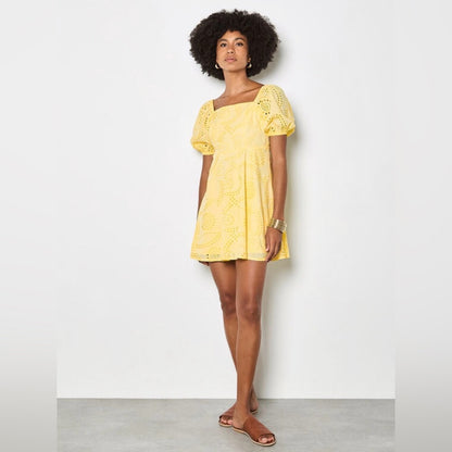 Apricot 🍑 -  Yellow Eyelet Puff-Sleeve Mini Dress