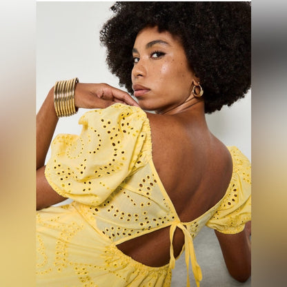 Apricot 🍑 -  Yellow Eyelet Puff-Sleeve Mini Dress