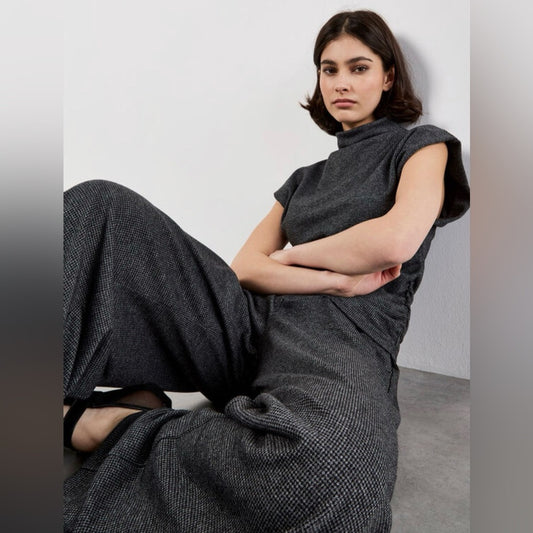 Apricot 🍑 Mini Houndstooth Wide-Leg Knit Pants in Stone