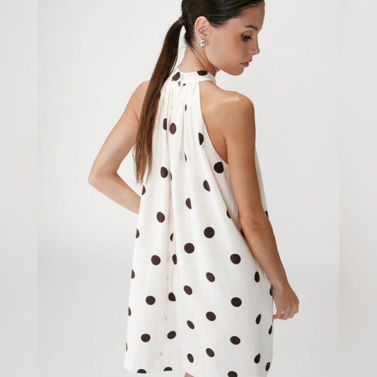 Grace & Mila - Polka Dot Halter Shift Dress - White with Black Dots