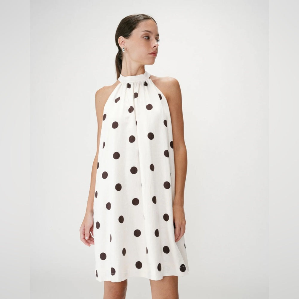 Grace & Mila - Polka Dot Halter Shift Dress - White with Black Dots