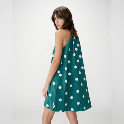 Grace & Mila - Polka Dot Halter Shift Dress - White with Black Dots