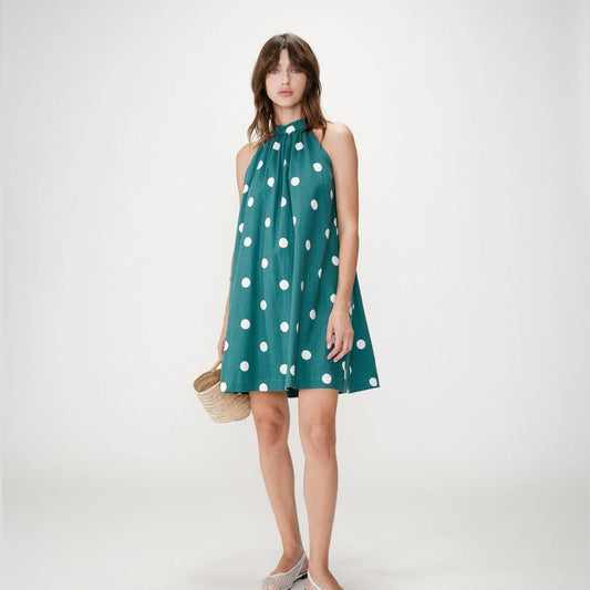 Grace & Mila - Polka Dot Halter Shift Dress - White with Black Dots