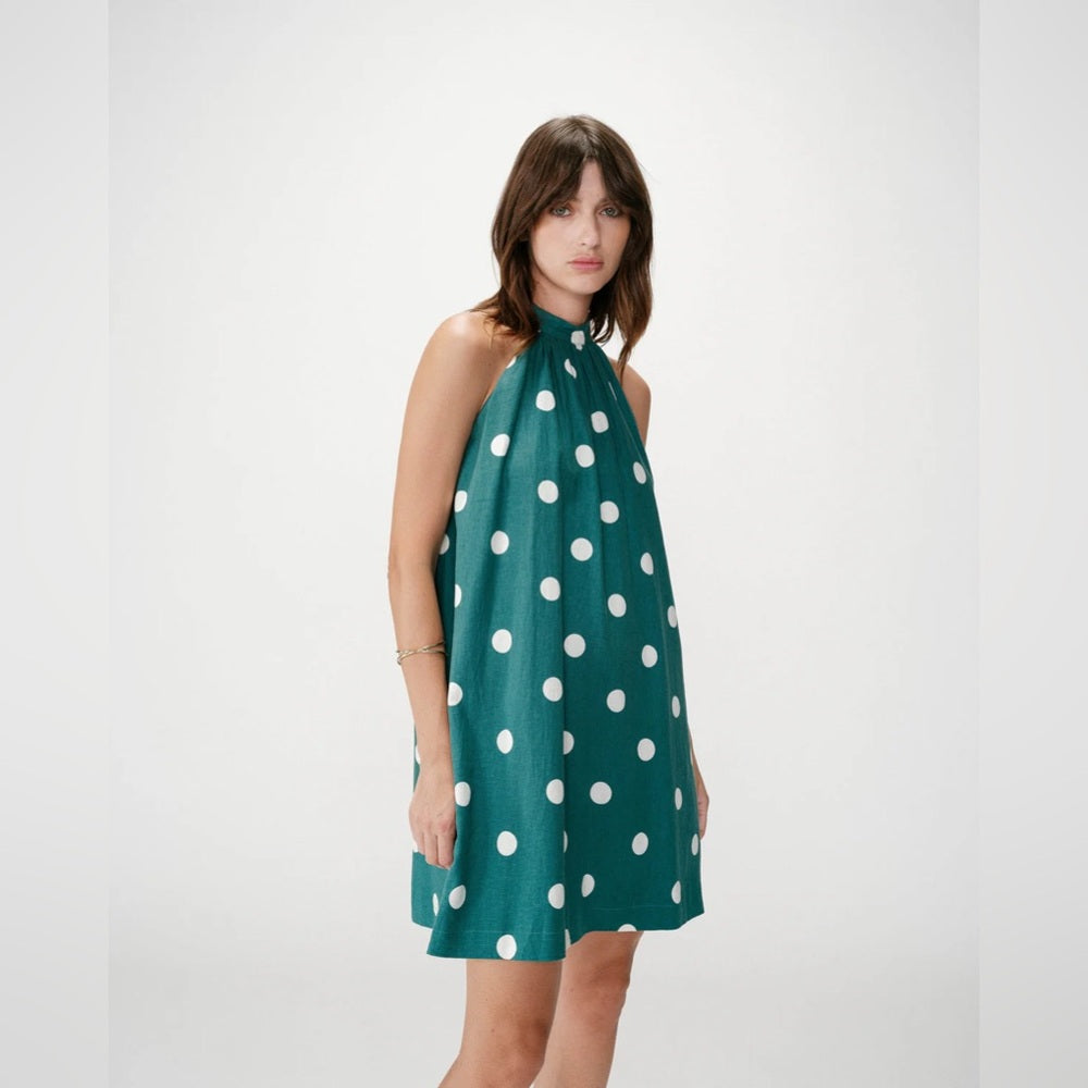 Grace & Mila - Polka Dot Halter Shift Dress - White with Black Dots