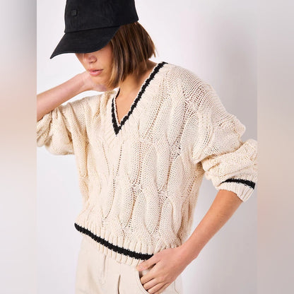 APRICOT 🍑 V-Neck Cable Knit Sweater with Contrast Trim - Cream