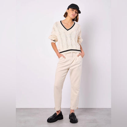 APRICOT 🍑 V-Neck Cable Knit Sweater with Contrast Trim - Cream