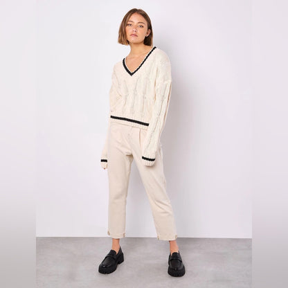 APRICOT 🍑 V-Neck Cable Knit Sweater with Contrast Trim - Cream