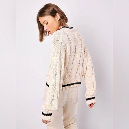 APRICOT 🍑 V-Neck Cable Knit Sweater with Contrast Trim - Cream