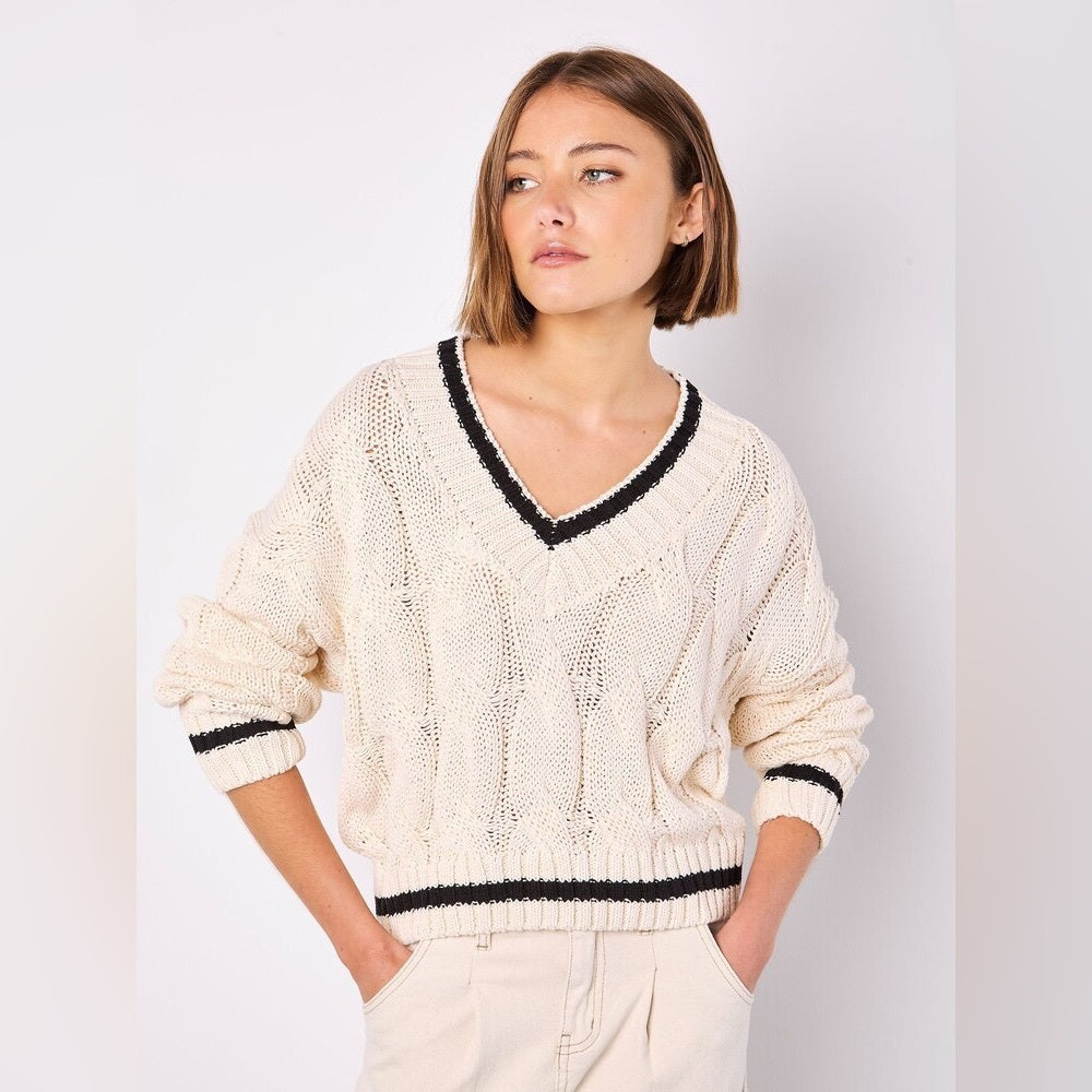 APRICOT 🍑 V-Neck Cable Knit Sweater with Contrast Trim - Cream
