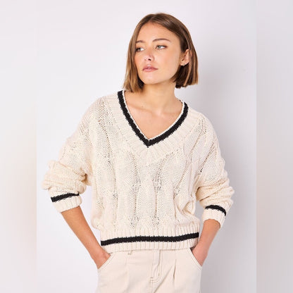APRICOT 🍑 V-Neck Cable Knit Sweater with Contrast Trim - Cream