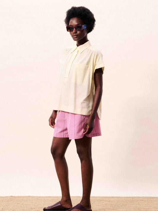 FRNCH 🇫🇷 - Pale Yellow Short-Sleeve Button-Down Top