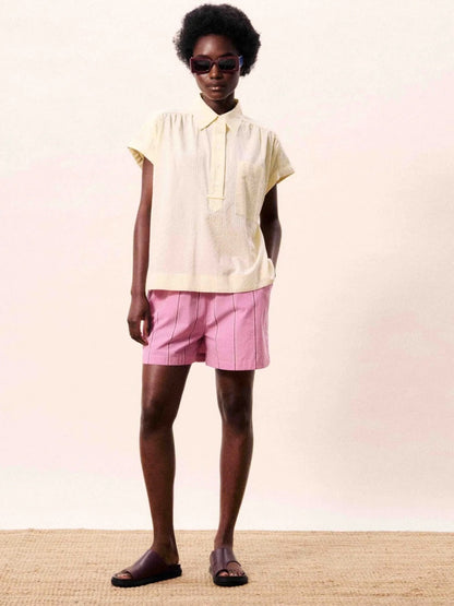 FRNCH 🇫🇷 - Pale Yellow Short-Sleeve Button-Down Top