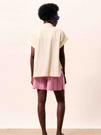 FRNCH 🇫🇷 - Pale Yellow Short-Sleeve Button-Down Top