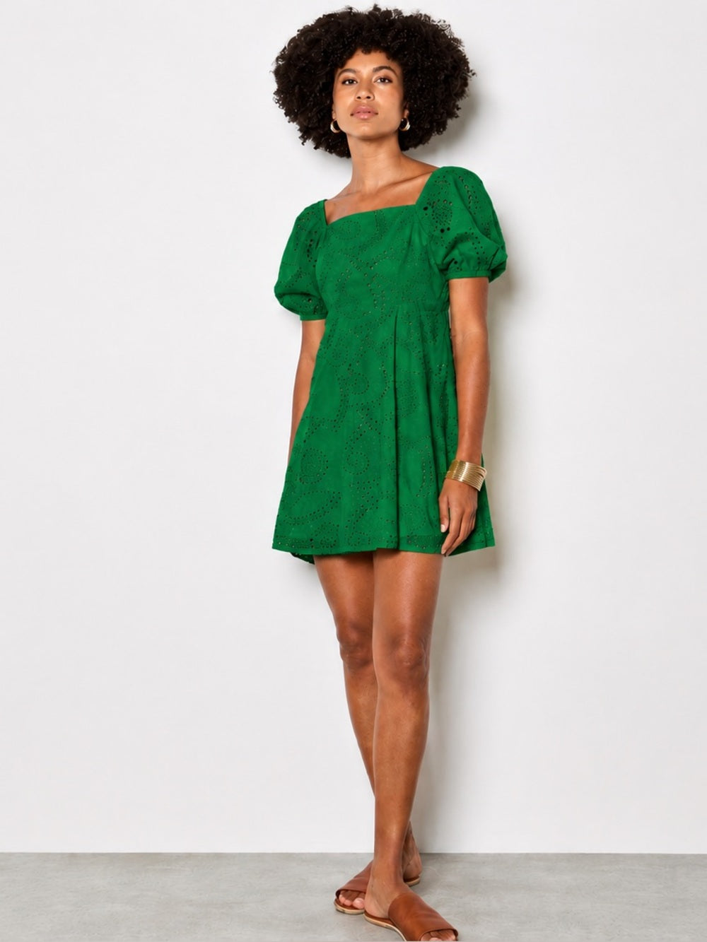 Apricot 🍑 -  Yellow Eyelet Puff-Sleeve Mini Dress
