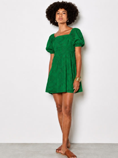 Apricot 🍑 -  Yellow Eyelet Puff-Sleeve Mini Dress