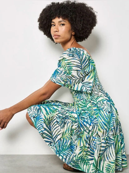 APRICOT 🍑- Tropical Leaf Print Midi Dress in Green & Blue