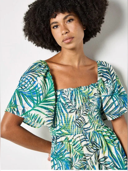 APRICOT 🍑- Tropical Leaf Print Midi Dress in Green & Blue