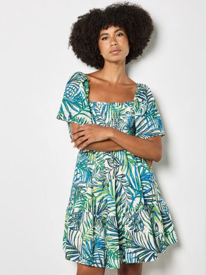 APRICOT 🍑- Tropical Leaf Print Midi Dress in Green & Blue