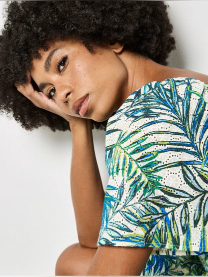 APRICOT 🍑- Tropical Leaf Print Midi Dress in Green & Blue