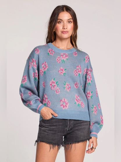 Saltwater LUXE 🌊- Ronnie sweater—pink florals against a soothing Dusty Blue base