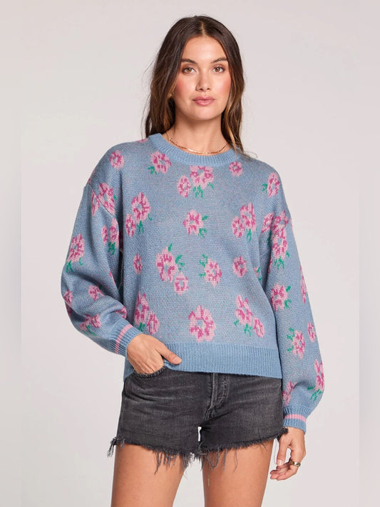 Saltwater LUXE 🌊- Ronnie sweater—pink florals against a soothing Dusty Blue base