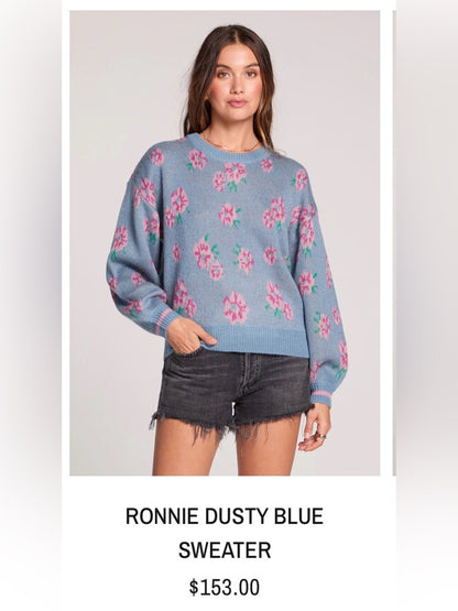 Saltwater LUXE 🌊- Ronnie sweater—pink florals against a soothing Dusty Blue base