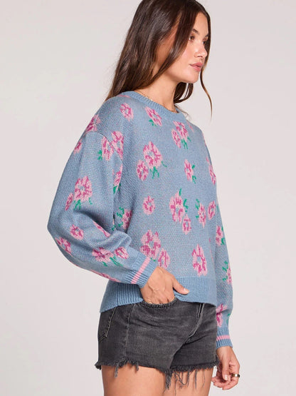Saltwater LUXE 🌊- Ronnie sweater—pink florals against a soothing Dusty Blue base