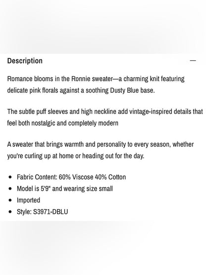 Saltwater LUXE 🌊- Ronnie sweater—pink florals against a soothing Dusty Blue base
