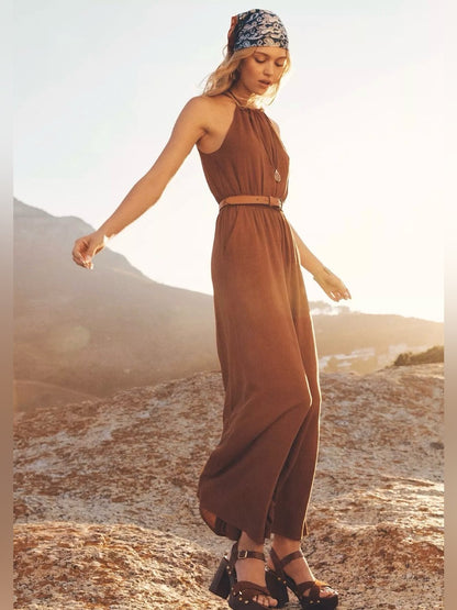 Apricot 🍑 - Halter Neck Rope Belt Jumpsuit