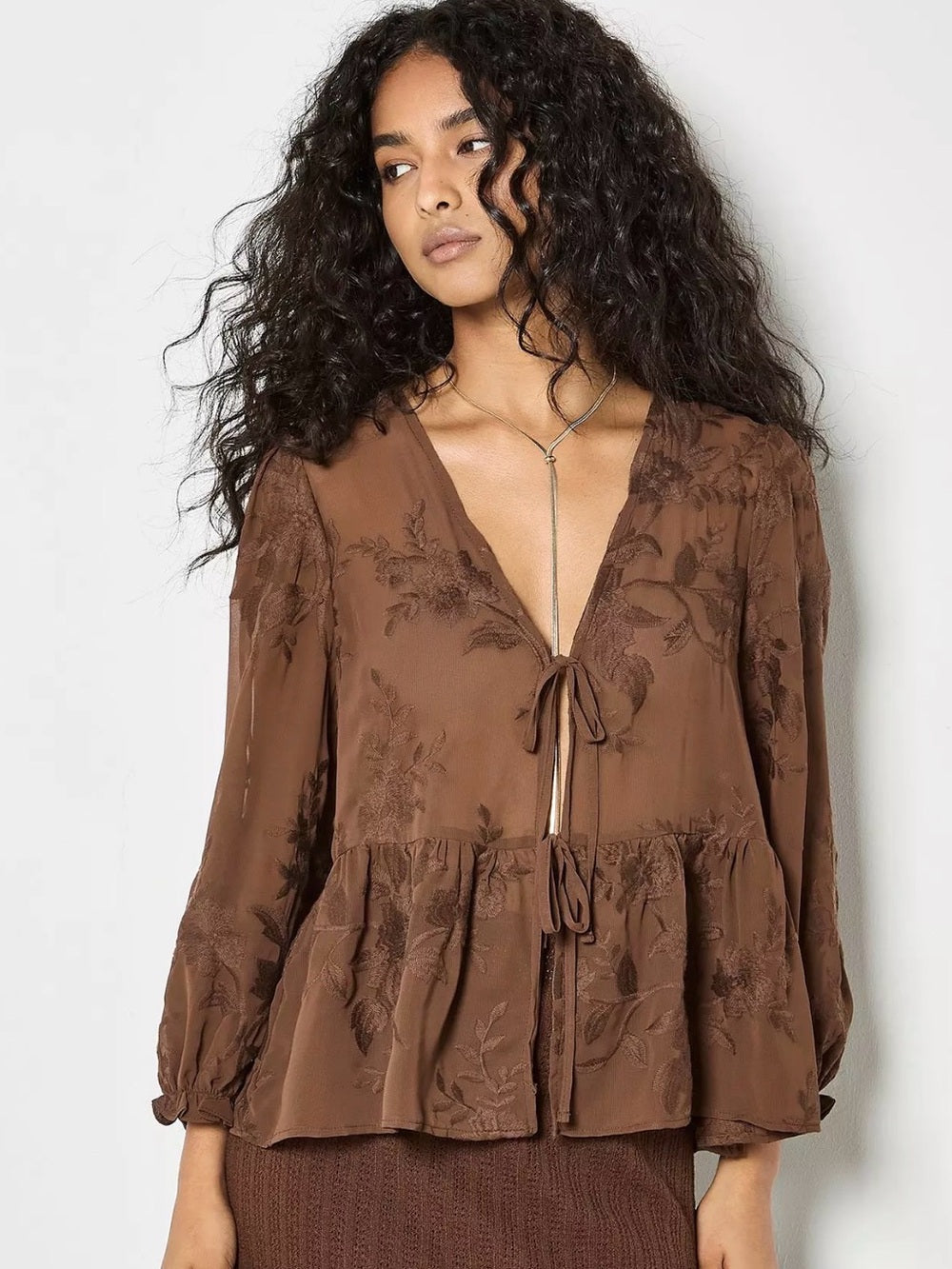 APRICOT 🍑 Embroidered Chiffon Peplum Top Tie-Front