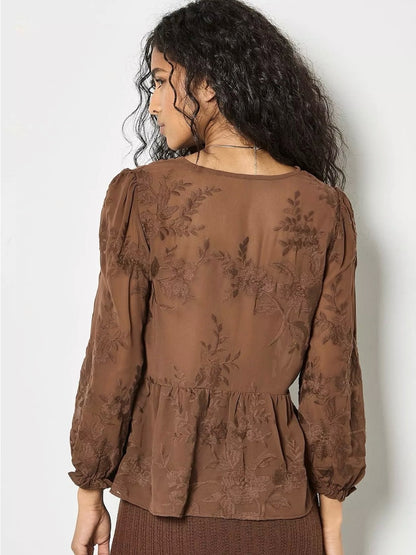 APRICOT 🍑 Embroidered Chiffon Peplum Top Tie-Front