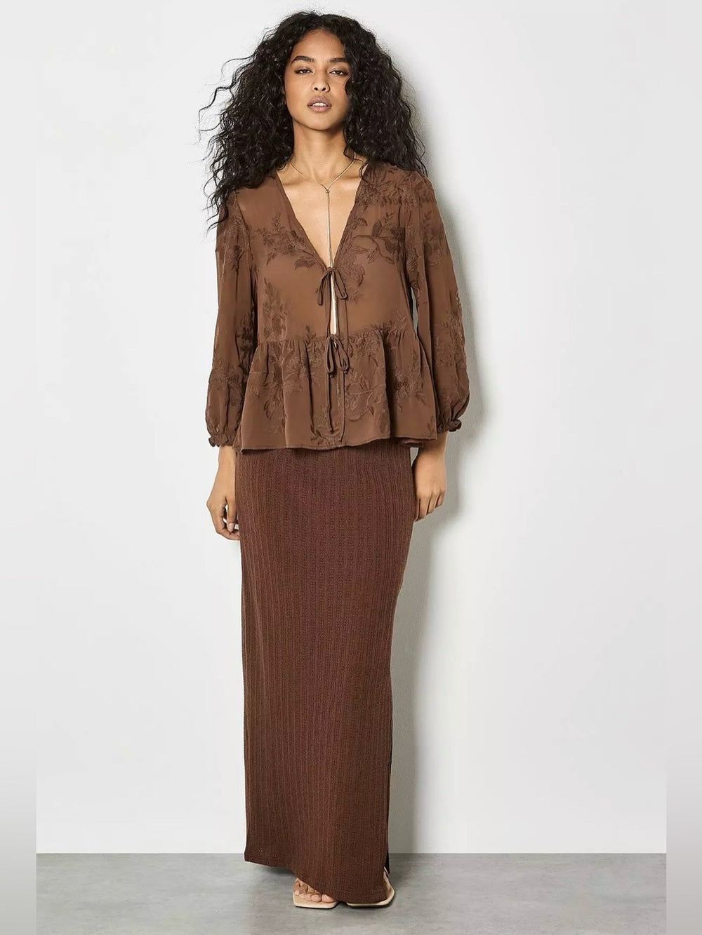APRICOT 🍑 Embroidered Chiffon Peplum Top Tie-Front