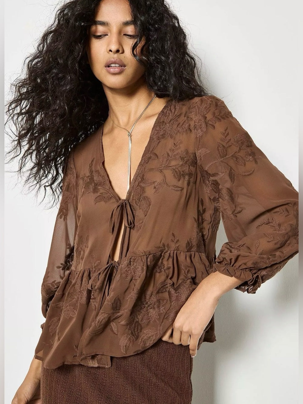 APRICOT 🍑 Embroidered Chiffon Peplum Top Tie-Front