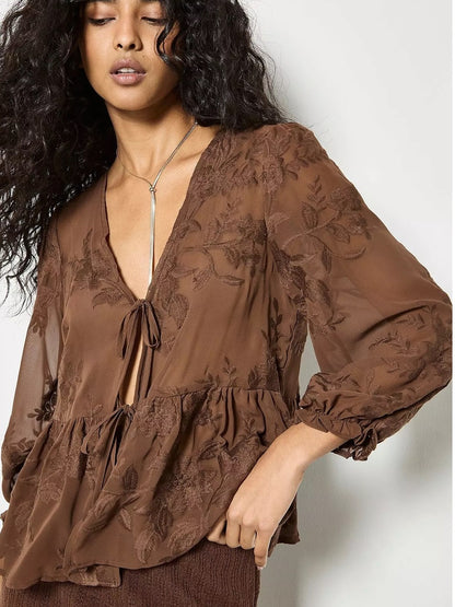 APRICOT 🍑 Embroidered Chiffon Peplum Top Tie-Front