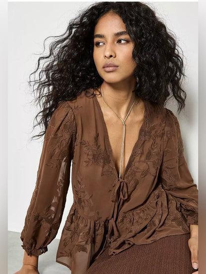 APRICOT 🍑 Embroidered Chiffon Peplum Top Tie-Front