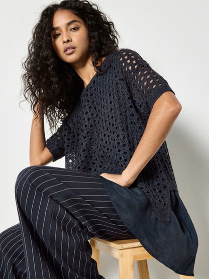 Apricot 🍑- Navy Crochet Open-Knit Short Sleeve Top