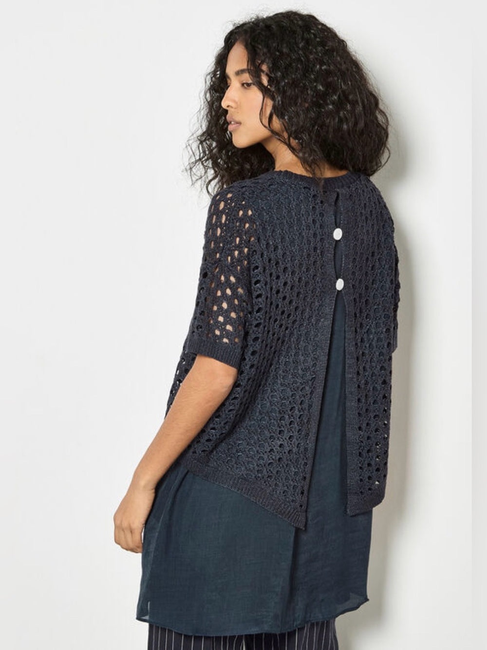 Apricot 🍑- Navy Crochet Open-Knit Short Sleeve Top