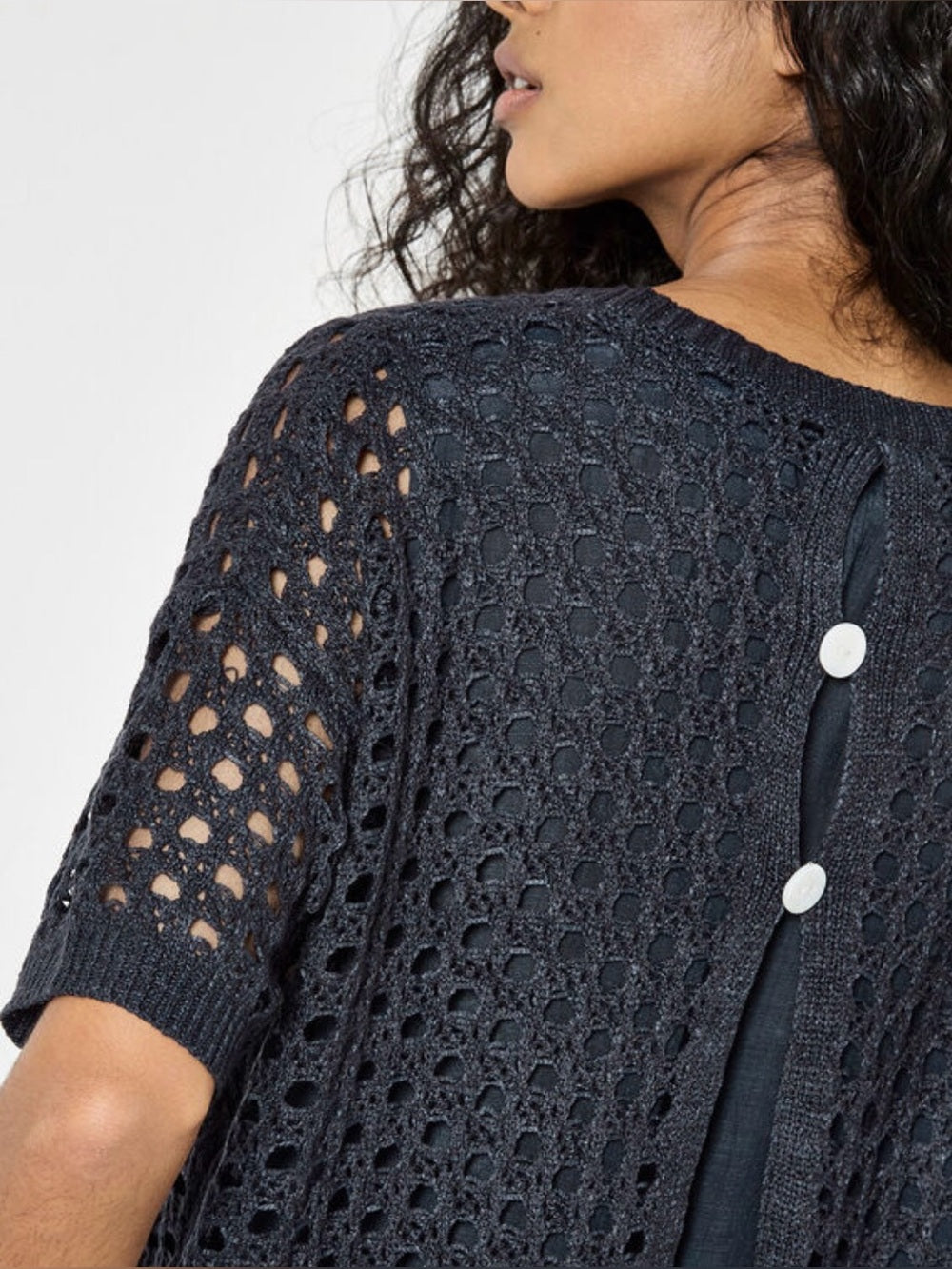 Apricot 🍑- Navy Crochet Open-Knit Short Sleeve Top