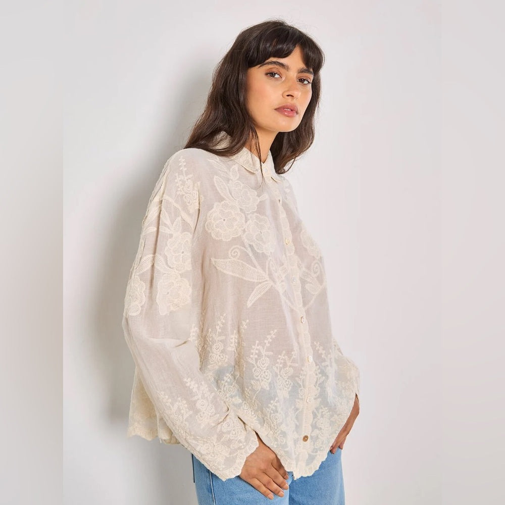 LAST ONE IN WHITE!  APRICOT 🍑Boho Embroidered Cream Button-Front Shirt