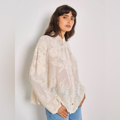 LAST ONE IN WHITE!  APRICOT 🍑Boho Embroidered Cream Button-Front Shirt