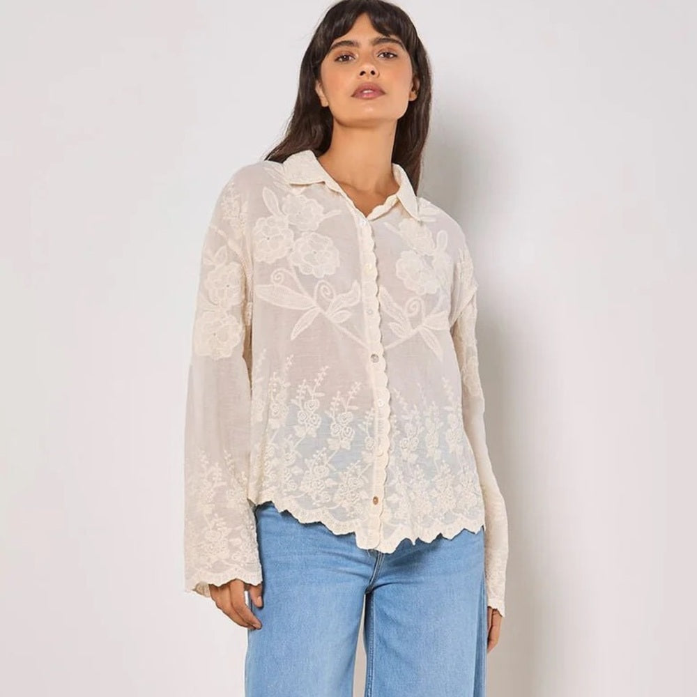 LAST ONE IN WHITE!  APRICOT 🍑Boho Embroidered Cream Button-Front Shirt